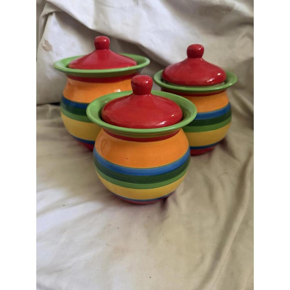 Casa Vero Set Of (3) Set Of Canisters Ceramic Red Blue Yellow Green Orange